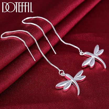 DOTEFFIL 925 Sterling Silver Dragonfly Earline Drop Earring Charm Women Jewelry Fashion Wedding Engagement Party Gift