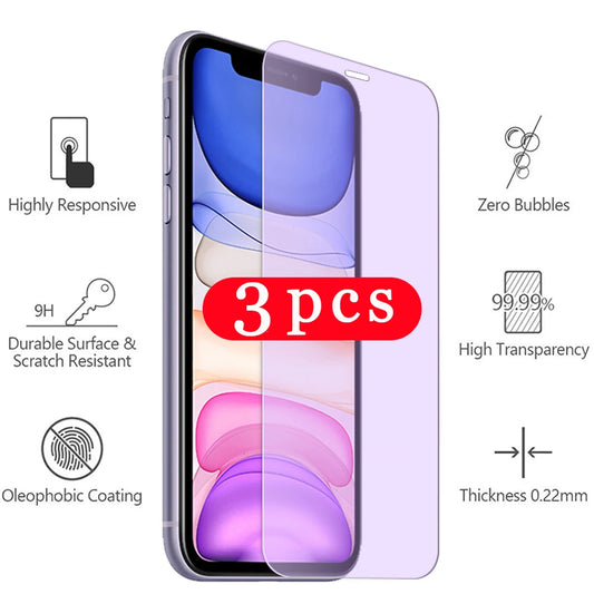 3/2/1Pcs Anti Blue Light tempered glass for iphone X XR XS 11 pro MAX phone screen protector protective film full cover