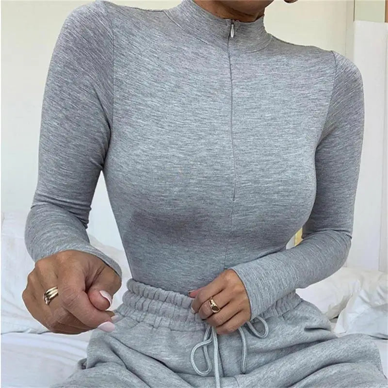 Shestyle Solid Zipper Bodycon Bodysuits Women Sexy Mock Neck Autumn Long Sleeve Fashion Slim Basic Body Winter Gray Outfits Lady