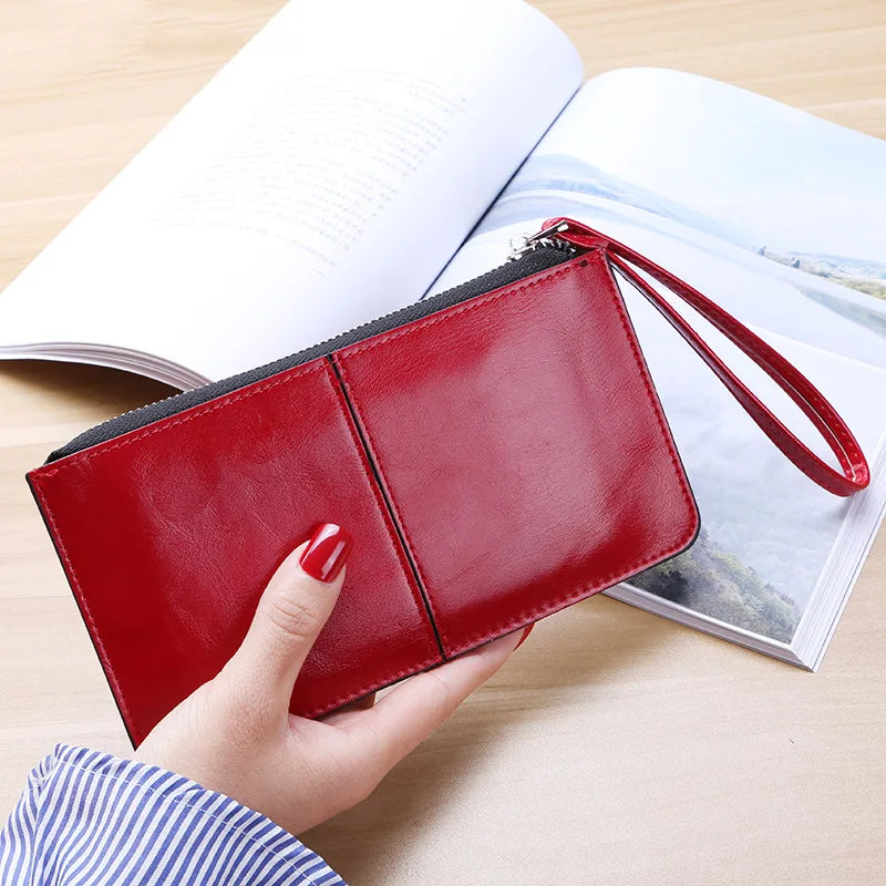 Women's Vintage Oil Wax Leather Zipper Clutch Wallet Female Large Capacity Coin Purse Ladies Wristband Simple Card Holder Wallet