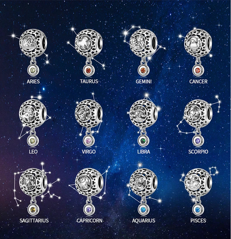 New Original 925 Sterling Silver 12 Constellation Zodiac Star Round Beads for Bracelet Necklace DIY Birthstone CZ Charms Jewelry