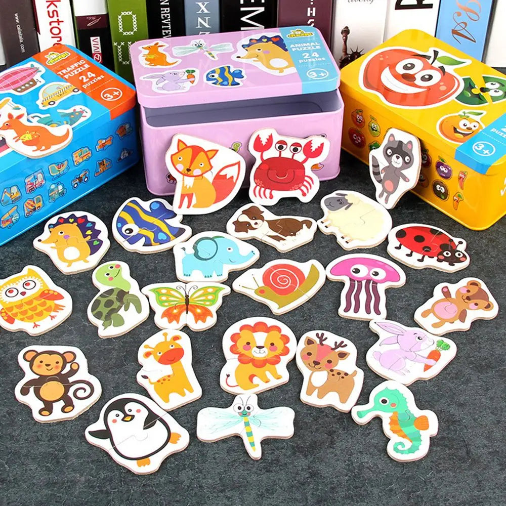 0-36M Cartoon Animal Traffic Fuit Montessori Pairing Cognition Puzzle Toys Wooden Jigsaw Card Kids Education