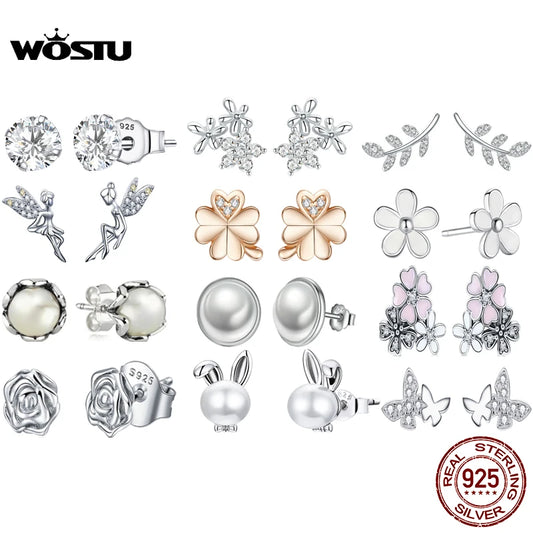 WOSTU Hot Sale 925 Sterling Silver Stud Earrings Heart Hoop Flower Butterfly Simple Zircon Earrings for Women Fashion Jewelry