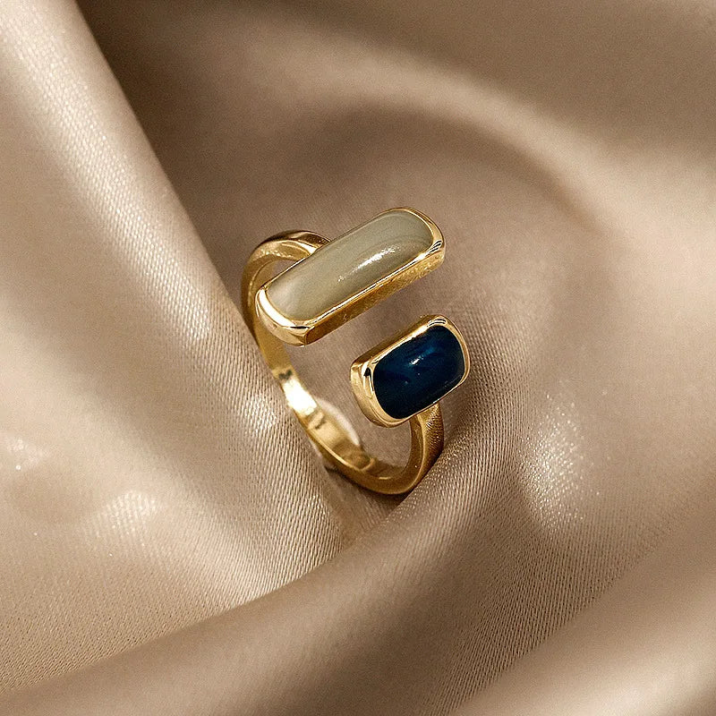 2021 French New Retro Square Blue Oil Dripping Ring Fashion Temperament Simple Opening Ring Women's Jewelry