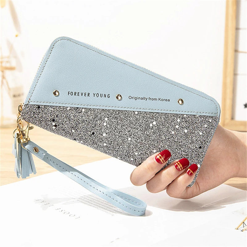 Women Wallets Long Sequined Patchwork PU Leather Forever Young Wallet Female Designer Luxury Fashion Money Purse Clutch Bag