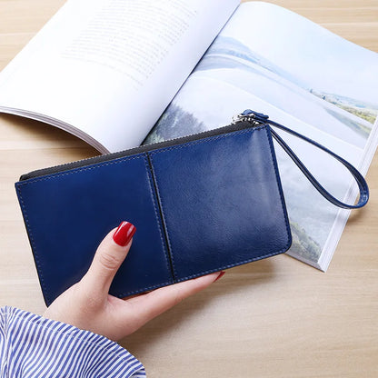 Women's Vintage Oil Wax Leather Zipper Clutch Wallet Female Large Capacity Coin Purse Ladies Wristband Simple Card Holder Wallet