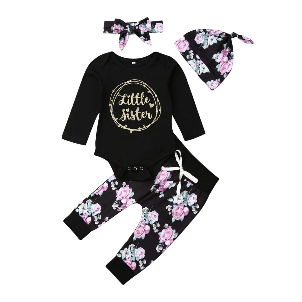 Citgeett Black Newborn Baby Little Sister Girl Clothes Romper+Pants Print Leggings 4Pcs Autumn Fall Clothes