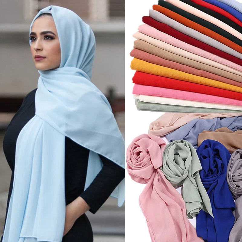 2024 Women's Elegant Modest Muslim Islamic Bubble Chiffon Scarf Ramadan Soft Lightweight Hijab Stores Bandana Headscarf