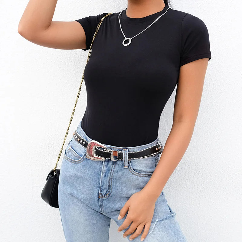 Casual Basic Black White Bodysuit Women Summer Short Sleeve Woman Body Top Cotton Bodycon Jumpsuit Romper Ladies 2023