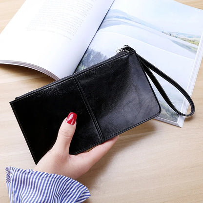 Women's Vintage Oil Wax Leather Zipper Clutch Wallet Female Large Capacity Coin Purse Ladies Wristband Simple Card Holder Wallet