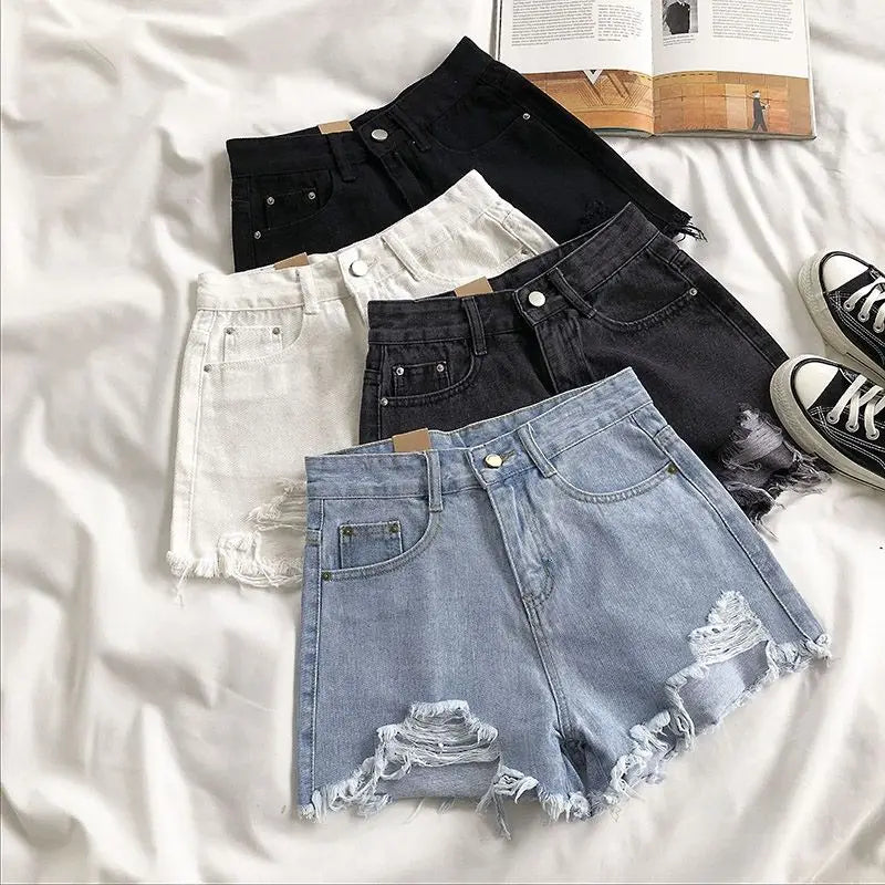 Women's Ripped Jeans Short Pants, Casual High Waist Denim Shorts, Female Clothing, Summer Pocket Hole, 2023