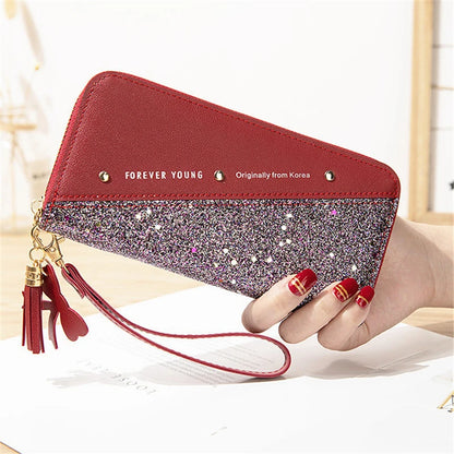 Women Wallets Long Sequined Patchwork PU Leather Forever Young Wallet Female Designer Luxury Fashion Money Purse Clutch Bag