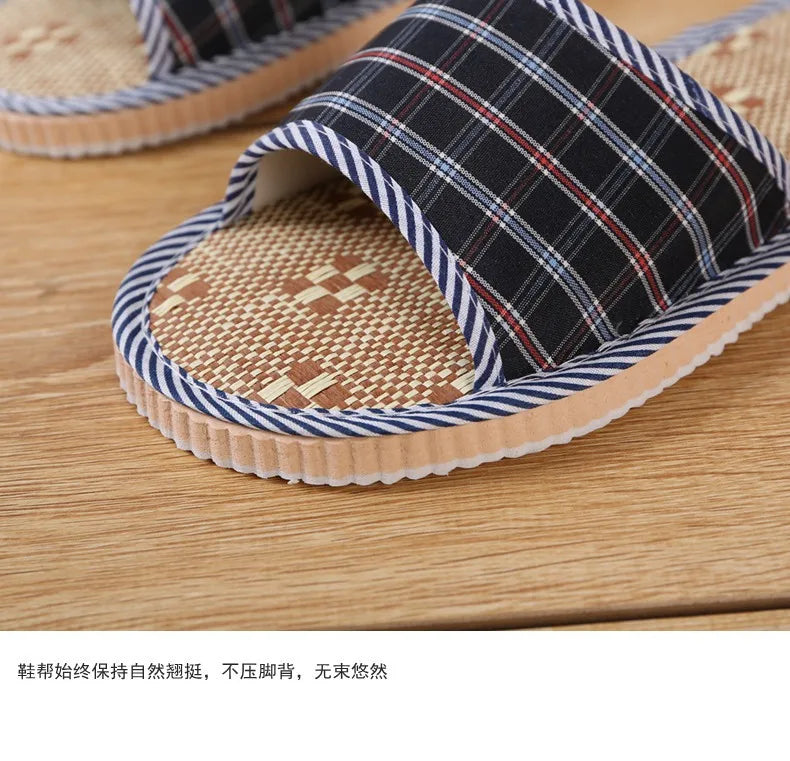 Spring Summer Linen Men Women Indoor Floor Slippers Unisex Simple Comfort House Home Slipper Plaid Shoes for Male Female