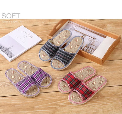 Spring Summer Linen Men Women Indoor Floor Slippers Unisex Simple Comfort House Home Slipper Plaid Shoes for Male Female