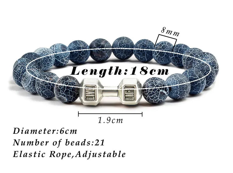 Natural Volcanic Stone Bracelet Men Matte Black Lave White Beads Charm Dumbbell Strand Bracelets Women Barbell Fitness Jewelry