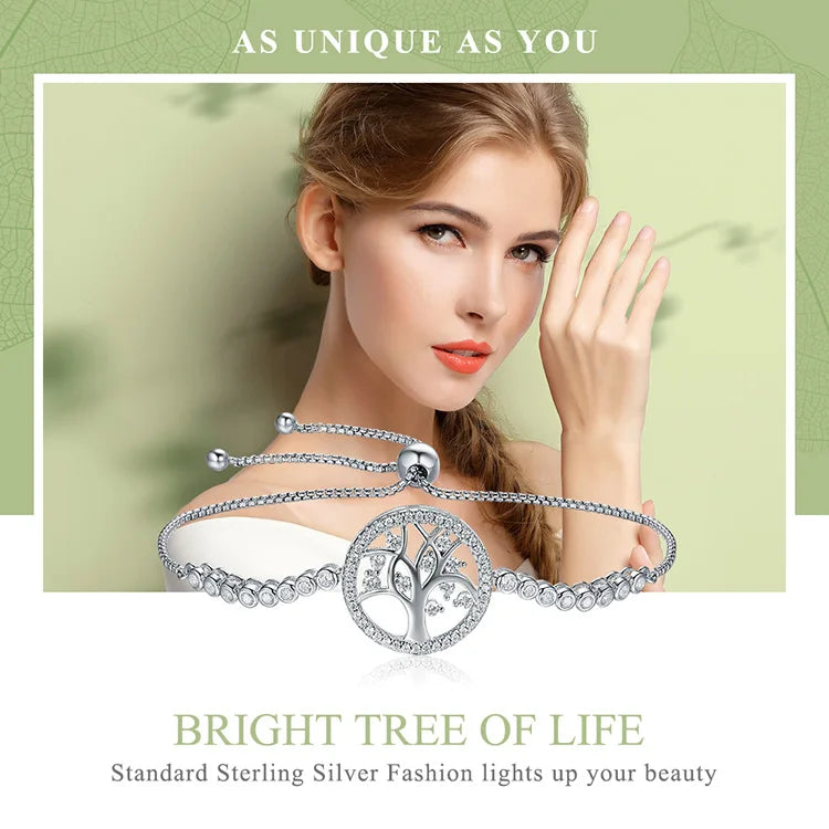 WOSTU Authentic 100% 925 Sterling Silver Tree of Life Tennis Bracelet Women Adjustable Link Chain Bracelet Silver Jewelry CQB035