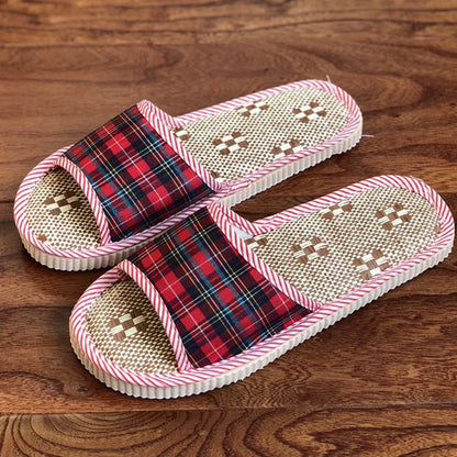 Spring Summer Linen Men Women Indoor Floor Slippers Unisex Simple Comfort House Home Slipper Plaid Shoes for Male Female