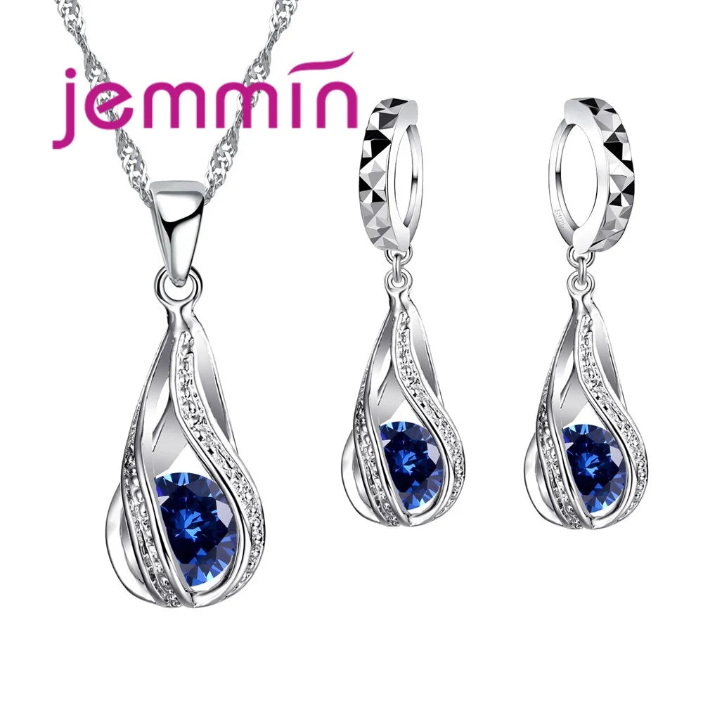 Fast Shipping Top Quality 925 Silver  Wedding Party Jewelry Sets Multiple Color Crystals Pendant Necklace Earrings