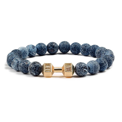 Bracciale in pietra vulcanica naturale da uomo, nero opaco, perline bianche, ciondolo con manubri, braccialetti da donna con bilanciere, gioielli per il fitness