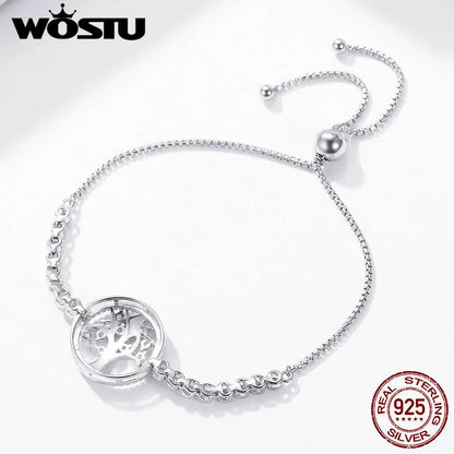 WOSTU Authentic 100% 925 Sterling Silver Tree of Life Tennis Bracelet Women Adjustable Link Chain Bracelet Silver Jewelry CQB035