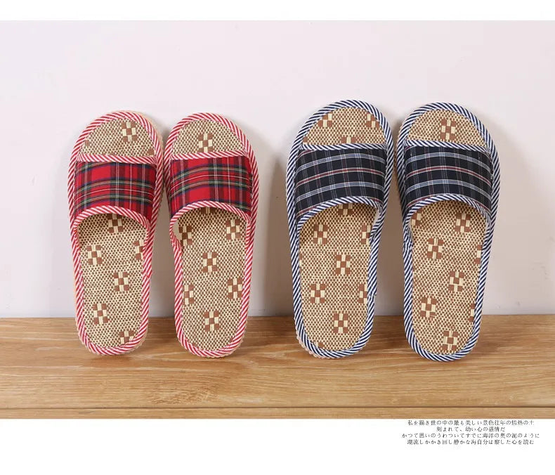 Spring Summer Linen Men Women Indoor Floor Slippers Unisex Simple Comfort House Home Slipper Plaid Shoes for Male Female