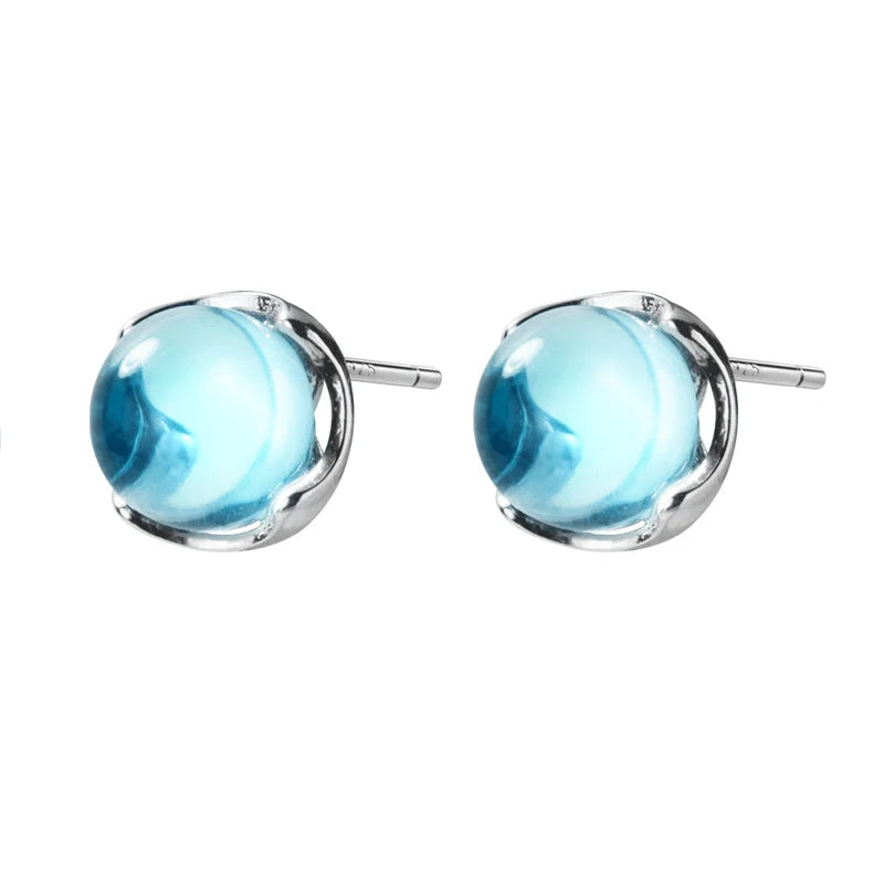 MloveAcc Real 100% 925 Sterling Silver Stud Earrings for Women Fashion Blue Crystal Bubble Ear Stud