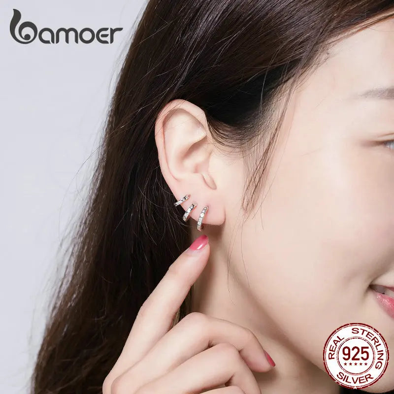 BAMOER Ear Cuff Genuine 925 Sterling Silver Punk Tirple Circle Hoop Earrings for Women Ear Clips Chic Fashion Jewelry BSE085