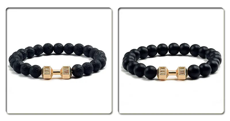 Bracciale in pietra vulcanica naturale da uomo, nero opaco, perline bianche, ciondolo con manubri, braccialetti da donna con bilanciere, gioielli per il fitness