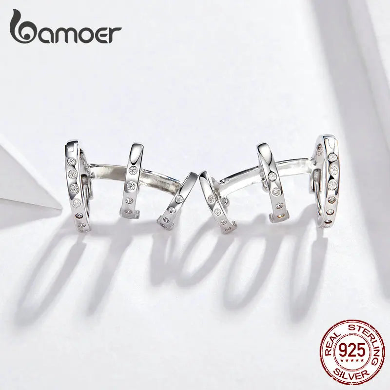 BAMOER Ear Cuff Genuine 925 Sterling Silver Punk Tirple Circle Hoop Earrings for Women Ear Clips Chic Fashion Jewelry BSE085