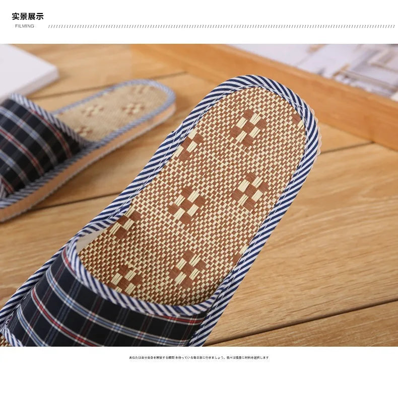 Spring Summer Linen Men Women Indoor Floor Slippers Unisex Simple Comfort House Home Slipper Plaid Shoes for Male Female