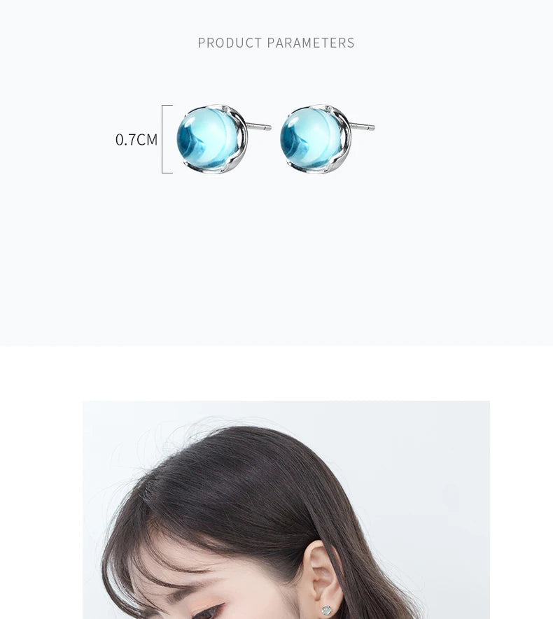 MloveAcc Real 100% 925 Sterling Silver Stud Earrings for Women Fashion Blue Crystal Bubble Ear Stud