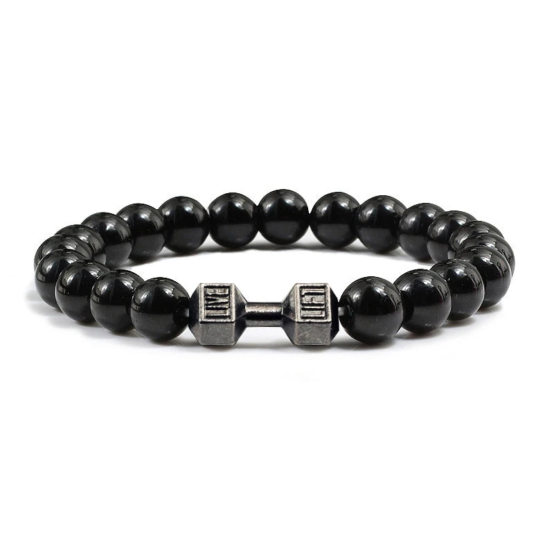 Natural Volcanic Stone Bracelet Men Matte Black Lave White Beads Charm Dumbbell Strand Bracelets Women Barbell Fitness Jewelry