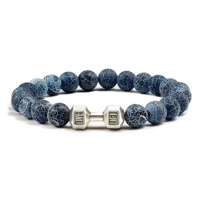 Natural Volcanic Stone Bracelet Men Matte Black Lave White Beads Charm Dumbbell Strand Bracelets Women Barbell Fitness Jewelry