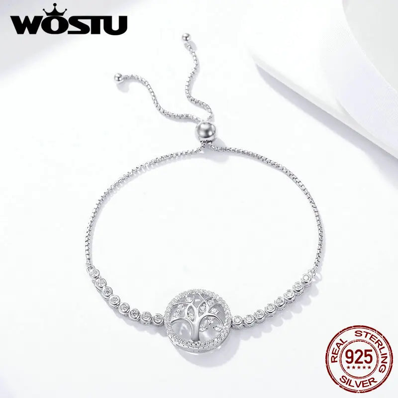 WOSTU Authentic 100% 925 Sterling Silver Tree of Life Tennis Bracelet Women Adjustable Link Chain Bracelet Silver Jewelry CQB035