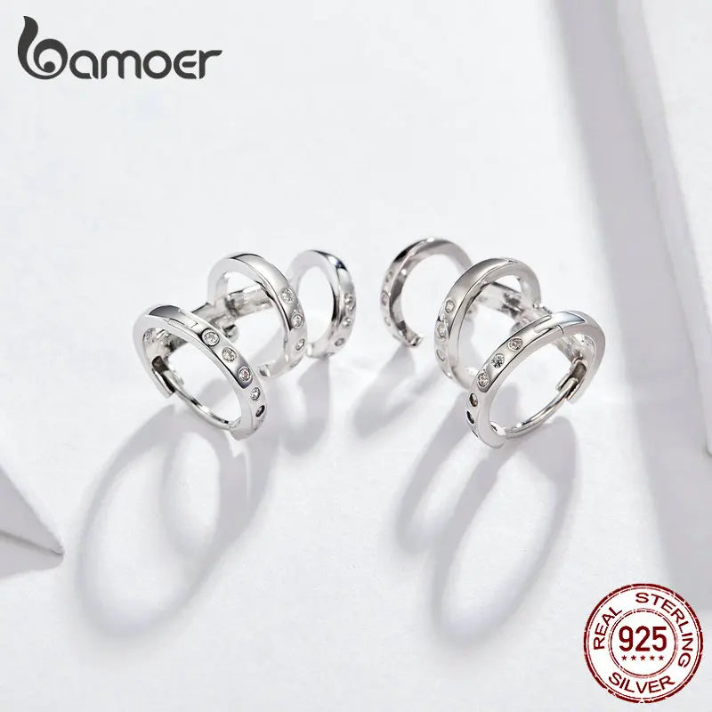 BAMOER Ear Cuff Genuine 925 Sterling Silver Punk Tirple Circle Hoop Earrings for Women Ear Clips Chic Fashion Jewelry BSE085