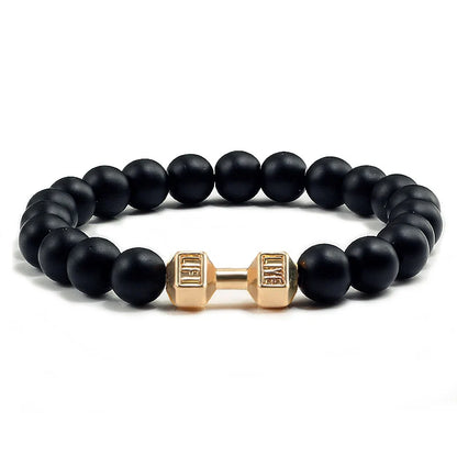 Bracciale in pietra vulcanica naturale da uomo, nero opaco, perline bianche, ciondolo con manubri, braccialetti da donna con bilanciere, gioielli per il fitness