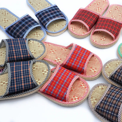 Spring Summer Linen Men Women Indoor Floor Slippers Unisex Simple Comfort House Home Slipper Plaid Shoes for Male Female