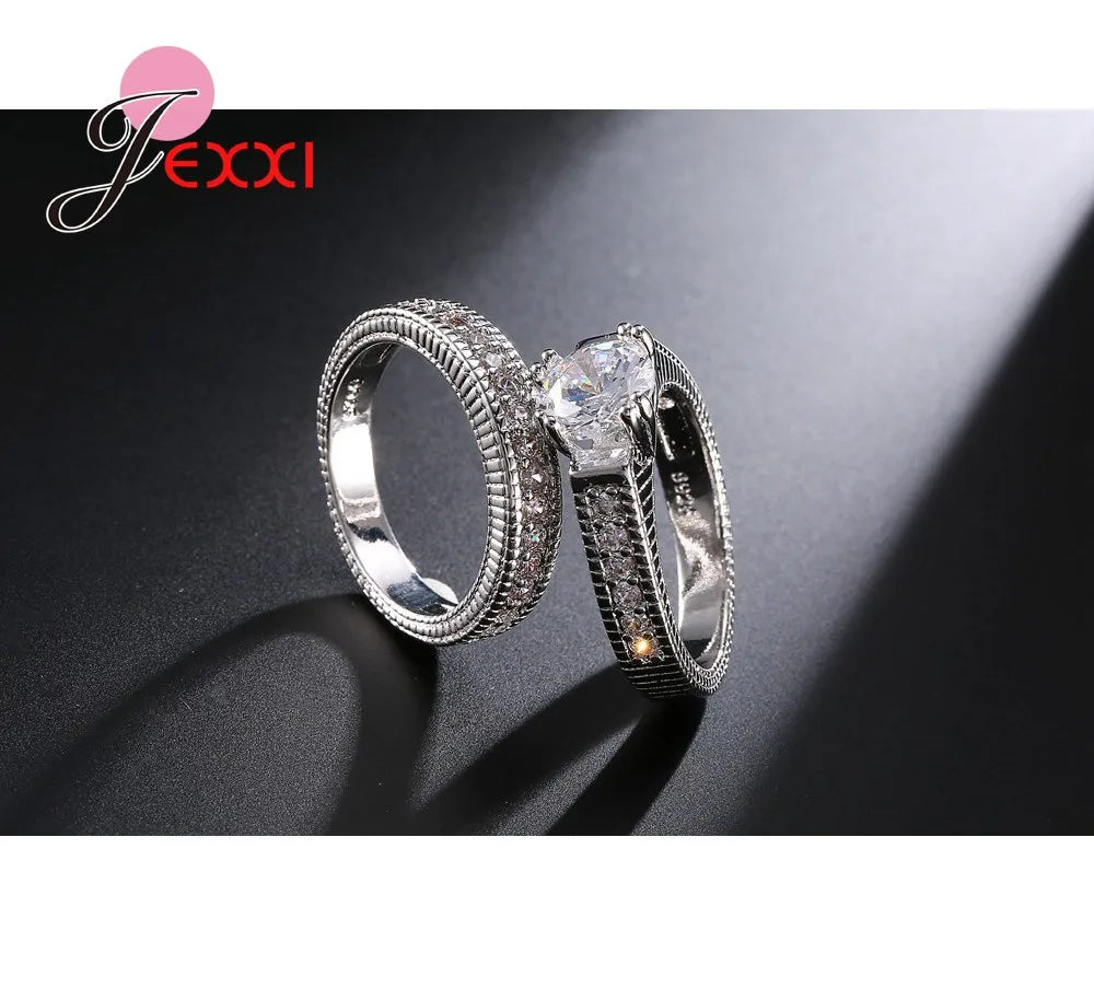 Classical Weeding 925 Sterling Silver 2 PCS Finger Rings For Women Men Super Shining Cubic Zirconia Crystal Accessories