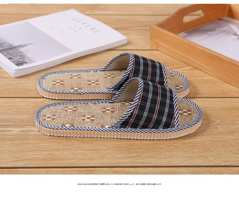 Spring Summer Linen Men Women Indoor Floor Slippers Unisex Simple Comfort House Home Slipper Plaid Shoes for Male Female