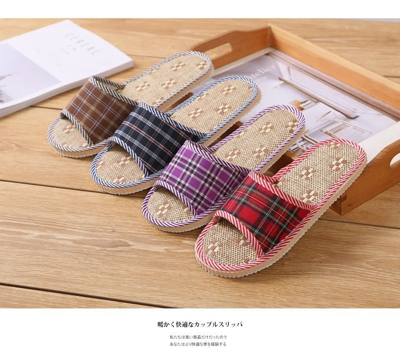 Spring Summer Linen Men Women Indoor Floor Slippers Unisex Simple Comfort House Home Slipper Plaid Shoes for Male Female