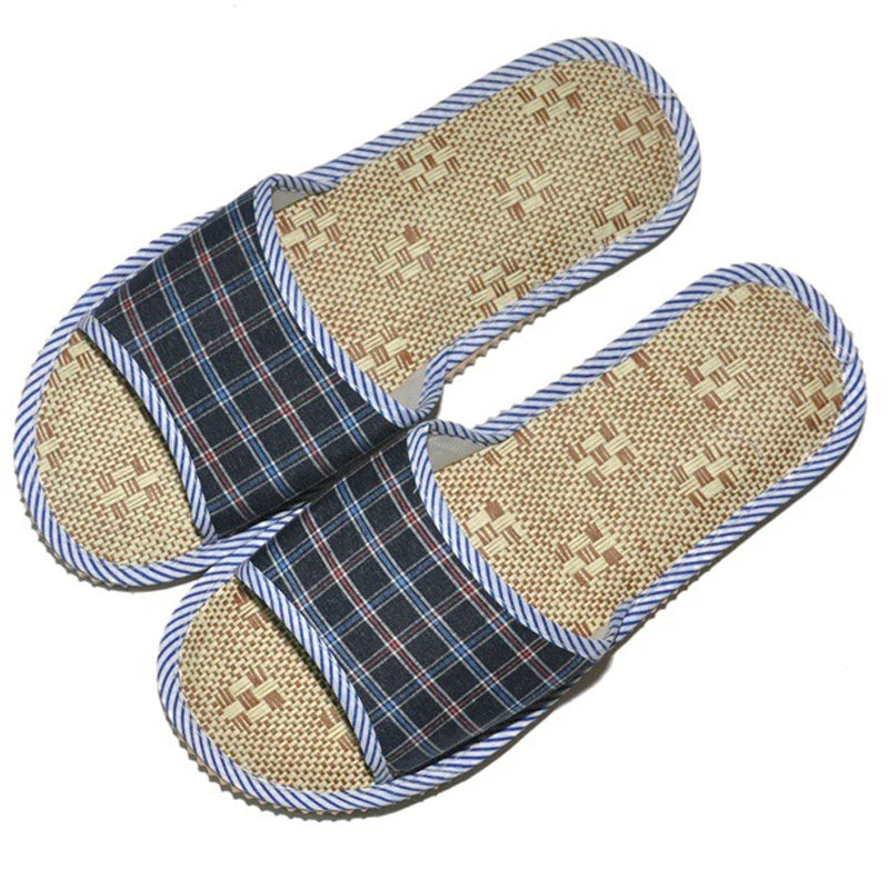 Spring Summer Linen Men Women Indoor Floor Slippers Unisex Simple Comfort House Home Slipper Plaid Shoes for Male Female