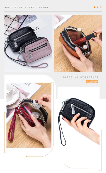 Genuine Leather Women Mini Wallet Double Zipper Coin Purse Cute Small Clutch Bag Luxury Designer Multi-Functional Card Holder