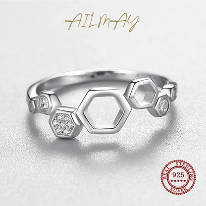 Ailmay Genuine 925 Sterling Silver Geometric Honeycomb Finger Ring Sparkling CZ Rings Clear Fine Female Fashion Jewelry