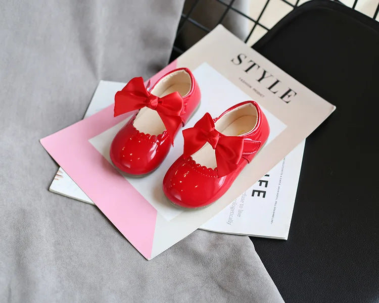 Newest Spring Autumn Baby Girls Fashion Patent Leather Big Bow Princess Mary Janes Party Shoes Solid Color Student Flats Shoes