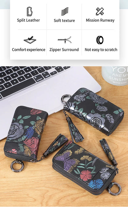 2023 New Painted Rose Genuine Leather Key Holder Pocket Wallet Keys Organizer Keychain for Men and Women Key Case Porta Llaves