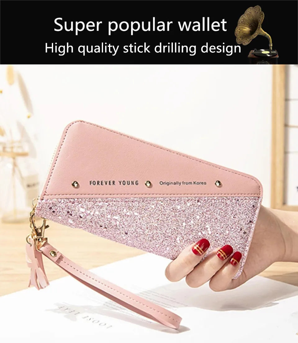 Women Wallets Long Sequined Patchwork PU Leather Forever Young Wallet Female Designer Luxury Fashion Money Purse Clutch Bag