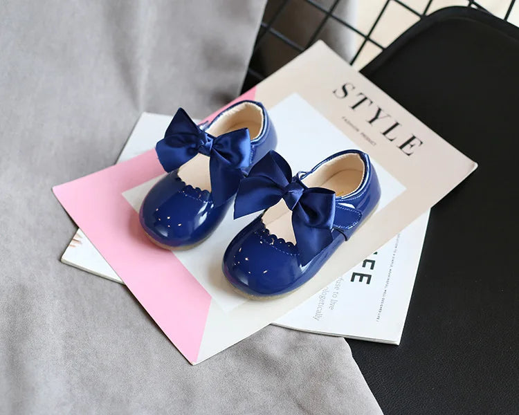 Newest Spring Autumn Baby Girls Fashion Patent Leather Big Bow Princess Mary Janes Party Shoes Solid Color Student Flats Shoes