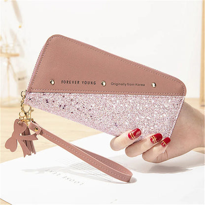 Women Wallets Long Sequined Patchwork PU Leather Forever Young Wallet Female Designer Luxury Fashion Money Purse Clutch Bag