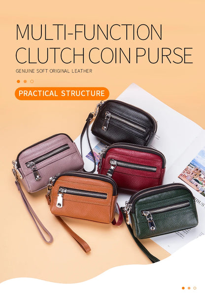 Genuine Leather Women Mini Wallet Double Zipper Coin Purse Cute Small Clutch Bag Luxury Designer Multi-Functional Card Holder