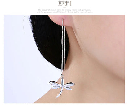 DOTEFFIL 925 Sterling Silver Dragonfly Earline Drop Earring Charm Women Jewelry Fashion Wedding Engagement Party Gift